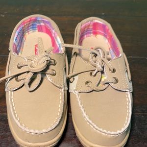 Girls esprit tan/plaid slipons size 1m